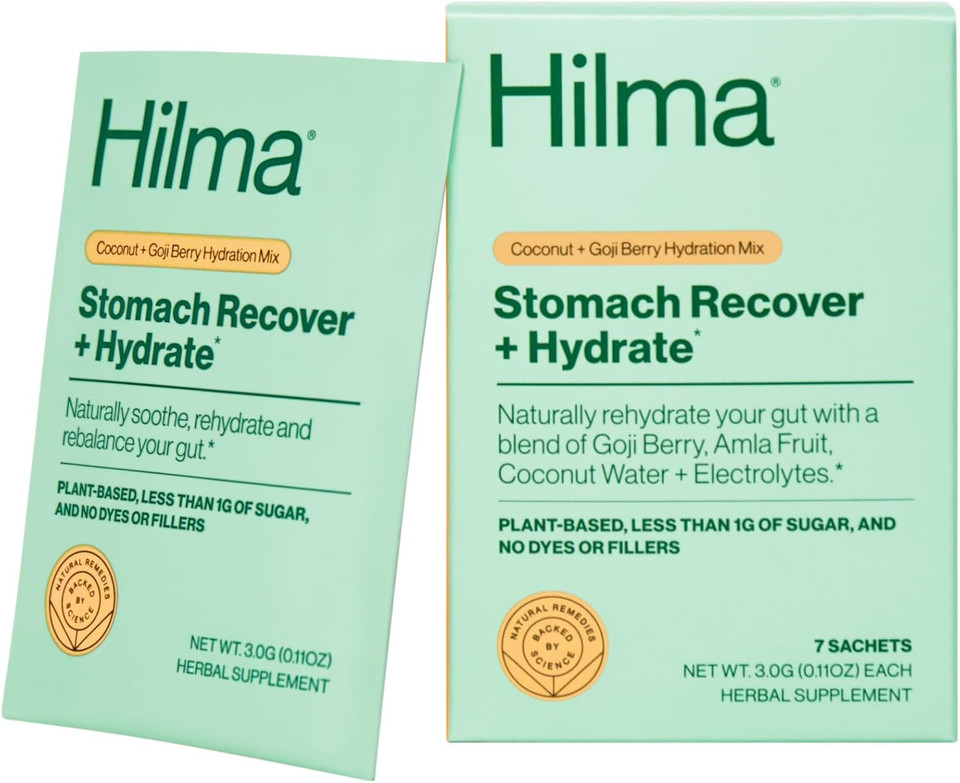 Hilma Stomach Recover And Hydrate, Organic Electrolytes Powder For Hydration W/Prebiotics And Gastroprotective Herbs, Rebalance Gut W/Goji Berry And Coconut Water, Doctor-Formulated, 7 Vegan Sachets