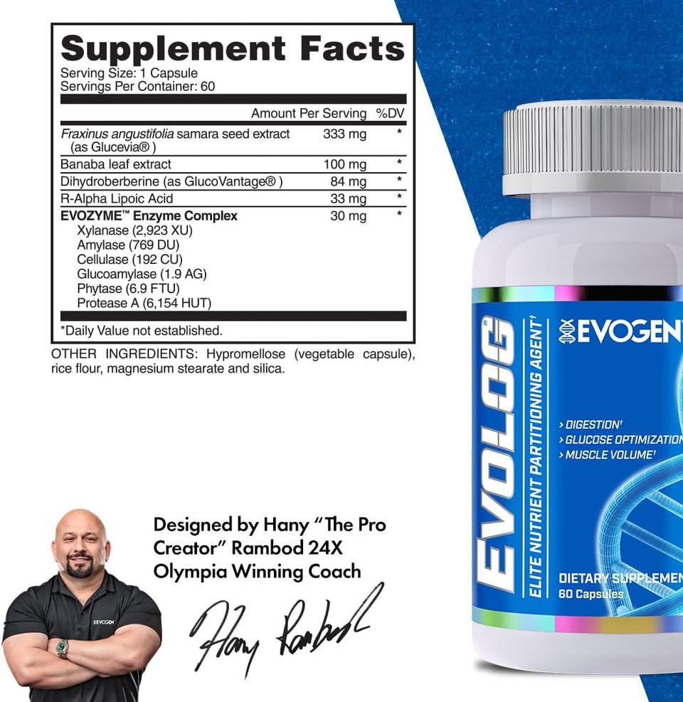 Evogen Evolog - Glucose Disposal Agent (Gda) & Elite Nutrient Partitioning | Mass Gainer & Weight Gainer For Women & Men | Supports Digestion, Glucose Optimization, Muscle Volume | 60 Capsules