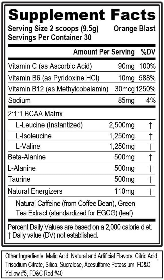 Evl Bcaas Amino Acids Powder - Rehydrating Bcaa Powder Post Workout Recovery Drink With Natural Caffeine - Bcaa Energy Pre Workout Powder For Muscle Recovery Lean Growth And Endurance - Orange Blast