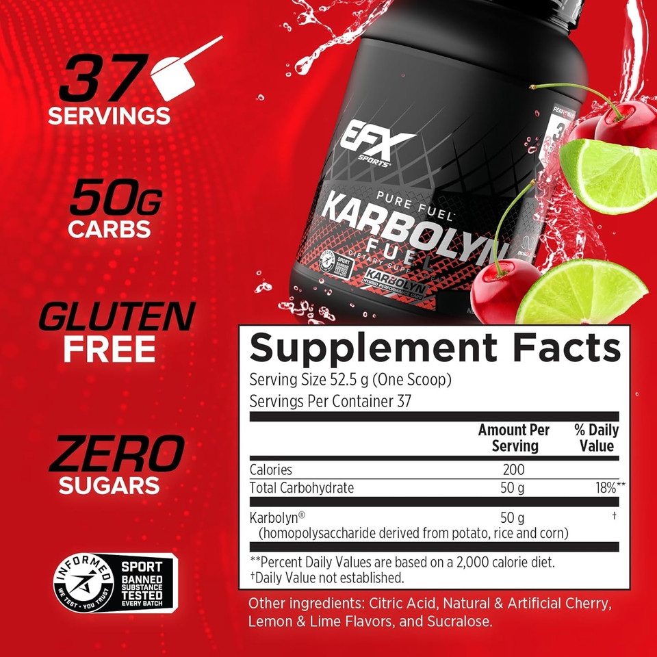 Efx Sports Karbolyn Fuel | Fast-Absorbing Carbohydrate Powder | Carb Load, Sustained Energy, Quick Recovery | Stimulant Free | 37 Servings (Cherry Limeade)