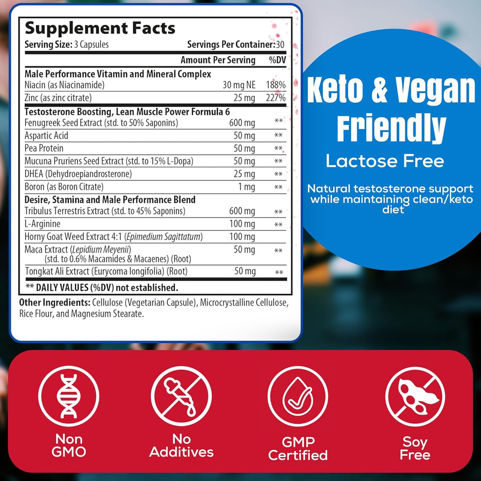 Testosterone Booster For Men - Lactose Free Natural Male Enhancement Supplement With Tongkat Ali, Dhea & Tribulus Terrestris - Keto Friendly And Vegan Pills For Energy, Mood, & Muscle - 90 Capsules Testosterone Booster For Men - Lactose Free Natural Male Enhancement Supplement With Tongkat Ali, Dhea & Tribulus Terrestris - Keto Friendly And Vegan Pills For Energy, Mood, & Muscle - 90 Capsules