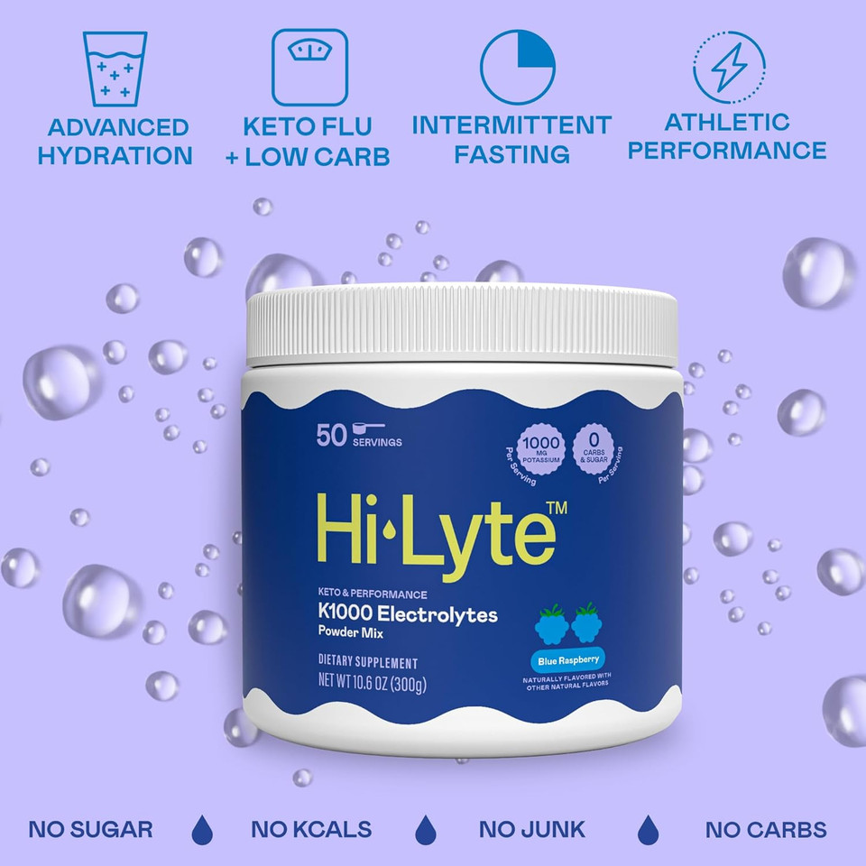 Hi-Lyte Keto & Performance - K1000 Electrolyte Powder Mix - Blue Raspberry - 1000Mg Potassium + Magnesium, Calcium, Trace Minerals - Keto Drink For Cramp Support, Fasting, Recovery - No Sugar/Carbs