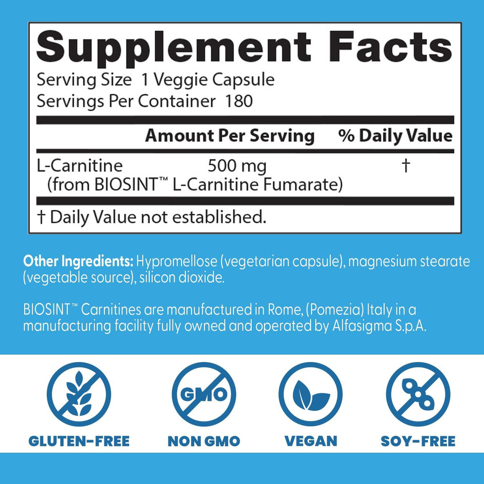 Doctors Best L-Carnitine Fumarate From Biosint, Helps Burn Body Fat, Non-Gmo, Gluten Free, Soy Free, Vegan 180 Veggie Caps