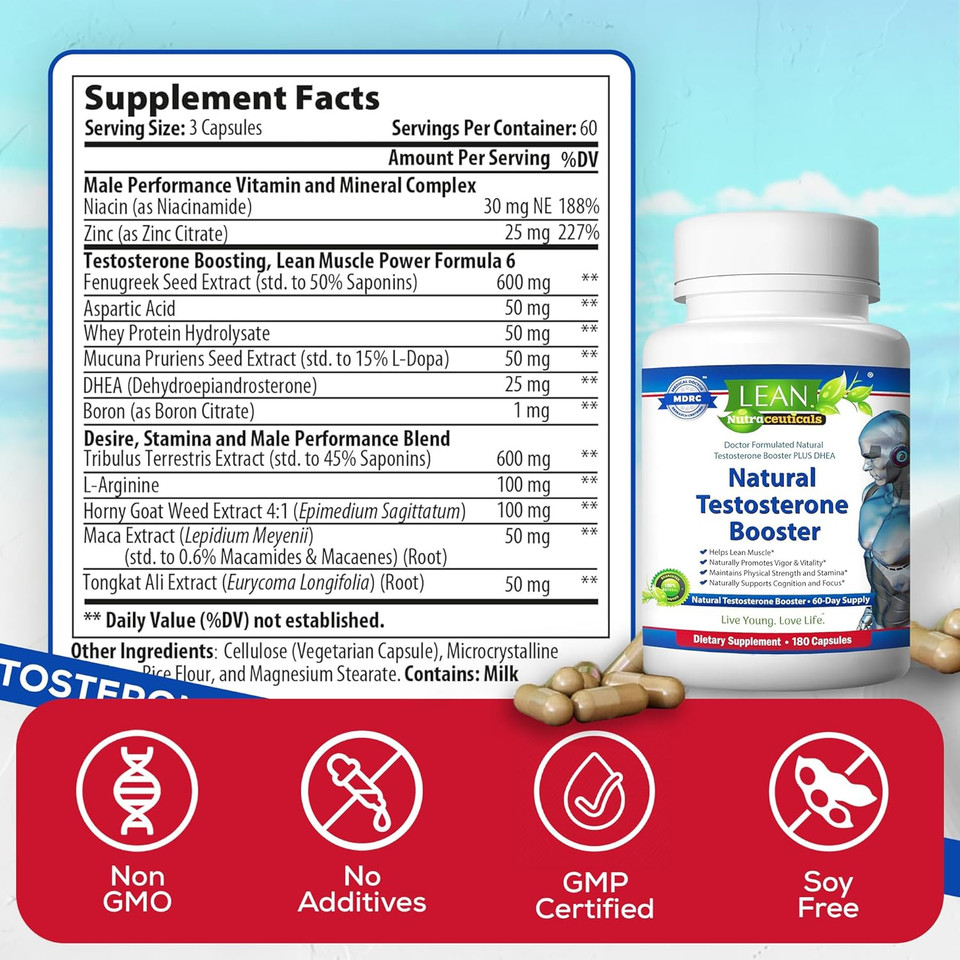 Lean Nutraceuticals Testosterone Booster For Men - Strength, Endurance, And Vitality - 180 Caps