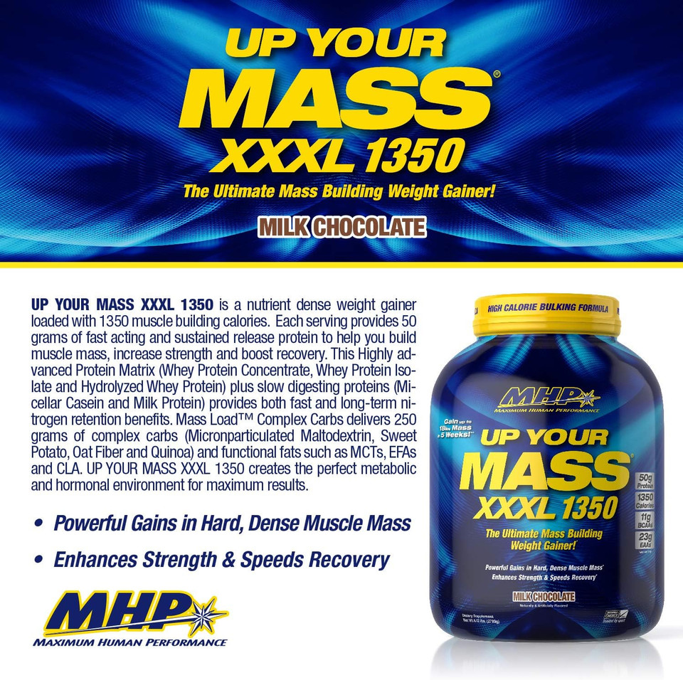 Maximum Human Performance Mhp Uym Xxxl 1350 Mass Building Weight Gainer, Muscle Mass Gains, W/50G Protein, High Calories, 11G Bcaas, Leucine, Cookies & Cream, 8 Servings, 6Lb