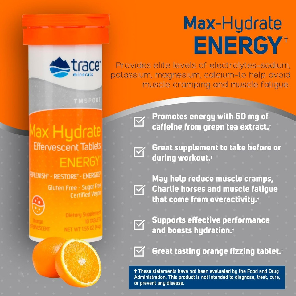 Trace Minerals Max-Hydrate Endurance - Daily Energy Support Supplement - Electrolyte Supplement To Aid Against Muscle Cramps - Supplement To Support Hydration - Citrus, 10 Tabs (80 Servings)