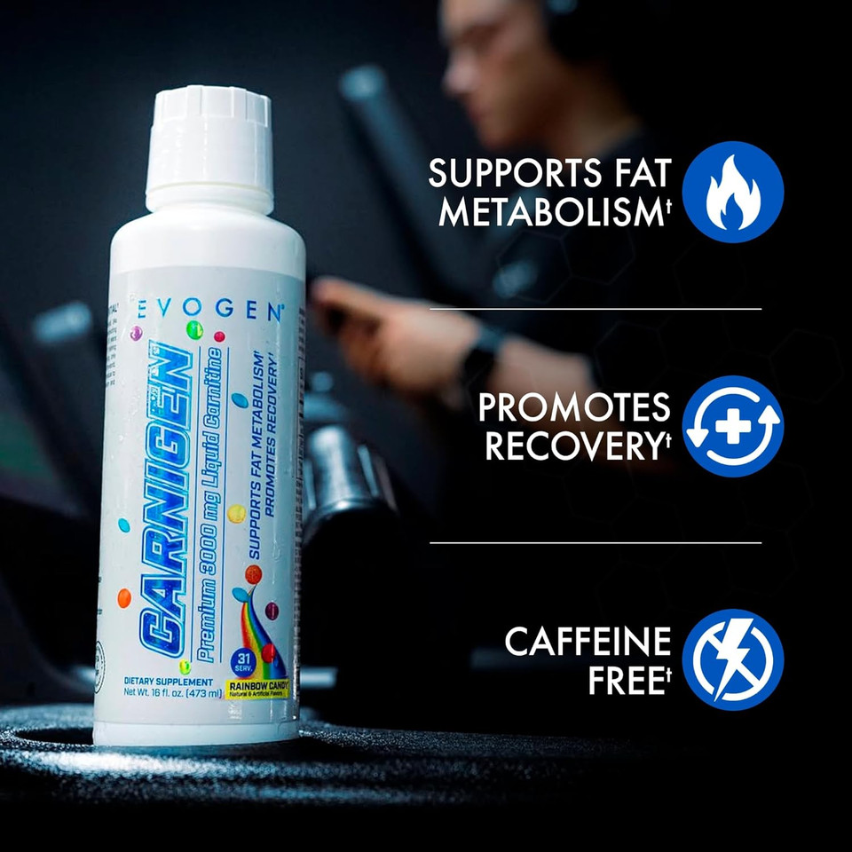 Evogen Carnigen Premium L Carnitine Liquid  L Carnitine 3000 Supplement | L Carnitine Supplement For Fat Metabolism & Recovery | Acetyl L-Carnitine | Caffeine Free | Rainbow Candy | 31 Servings