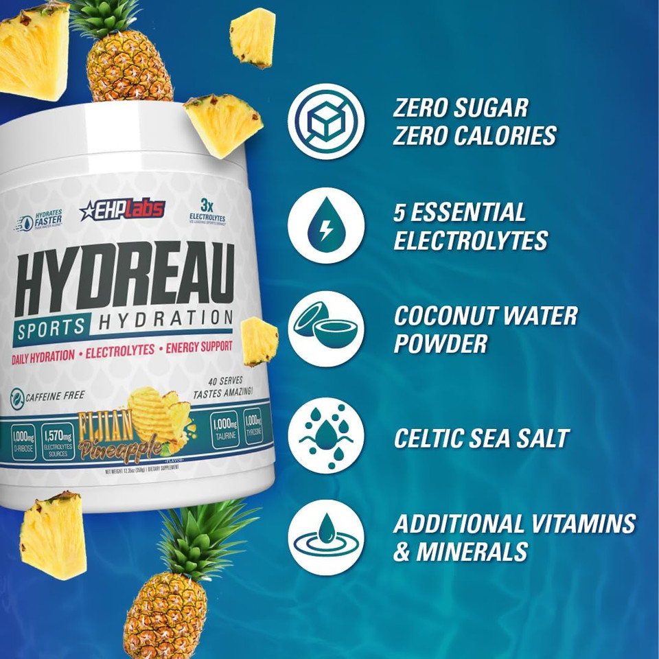 Ehp Labs Hydreau Electrolytes Powder No Sugar - Hydration Powder For Endurance & Energy - Electrolyte Powder For Men & Women - Sugar Free Electrolytes - Kiwi Strawberry (40 Serves)