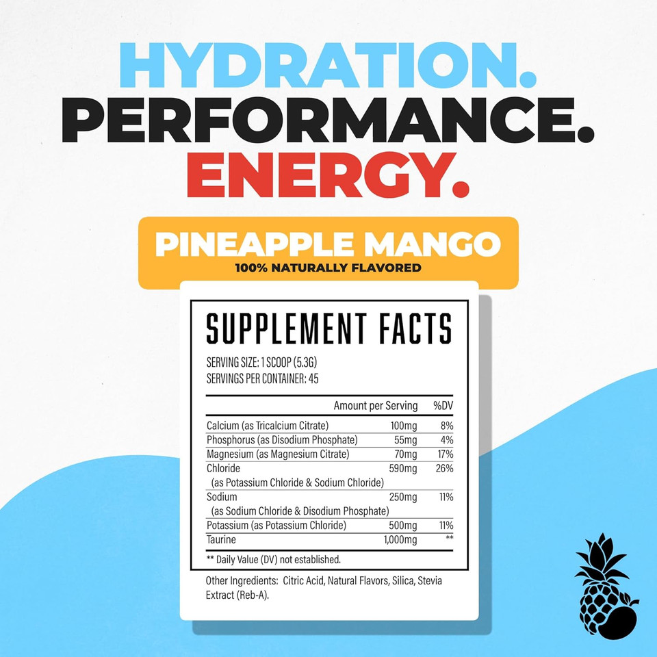 Huge Supplements Electrolytes Powder - Advanced Hydration Formula With Full Electrolyte Profile - Sugar Free, No Artificial Flavors Or Colors - 45 Servings (Pineapple Mango)