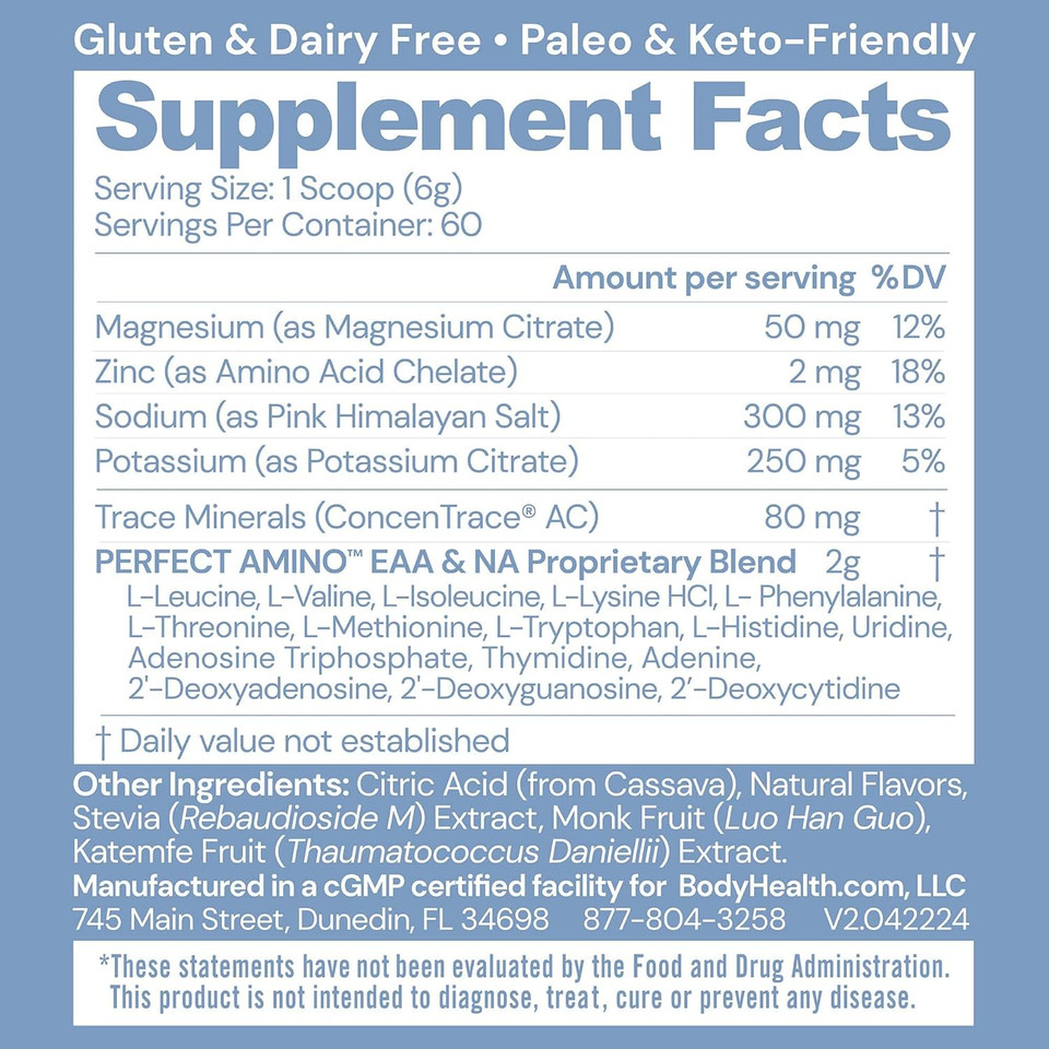 Bodyhealth Perfectamino Electrolyte Powder No Sugar, Hydration Fasting Keto Zero Sugar Electrolytes Drink Mix With Trace Minerals - Lemon Lime - 60 Servings