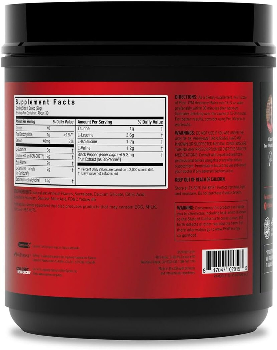 Jym Supplement Science Post Jym Active Matrix Mandarin Orange Amino Recovery Powder Pure Creatine Hcl, BcaaS, Glutamine, Carnitine, Betaine, Taurine For Strength, Repair, Performance 30 Servings