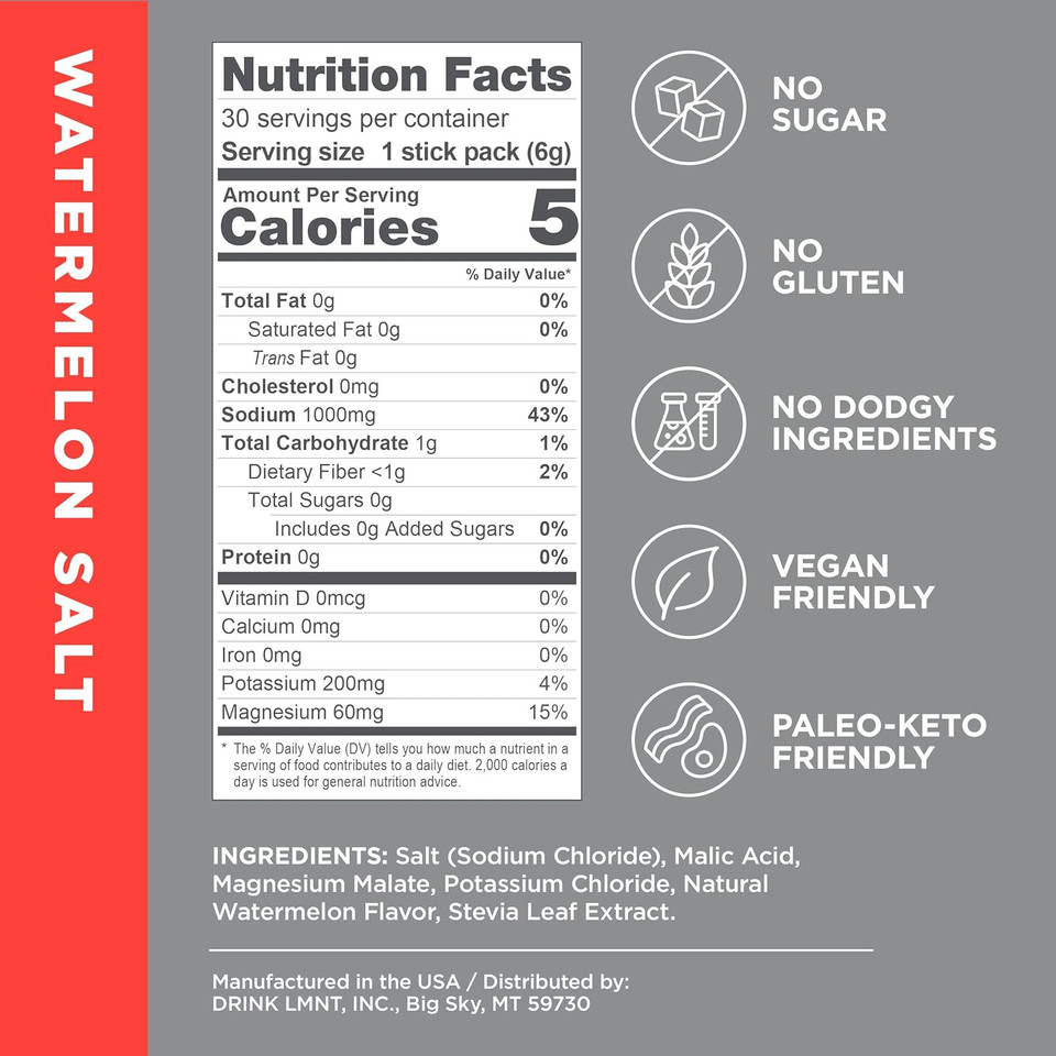 Lmnt Zero Sugar Electrolytes - Watermelon Salt | Drink Mix | 30-Count