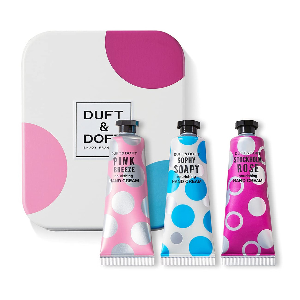 Duft&Doft Mini Hand Cream Gift Set - Non-Greasy With Shea Butter & Collagen - Nourishing & Hydrating Scented Cream (Pink Breeze/Sophy Soapy/Angels Cotton/Baby Soapy - Pack Of 4 (0.3 Fl Oz)