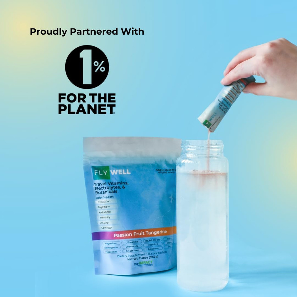 Travel Vitamin Tonic For Flight, Jet Lag, Hydration, Circulation, Digestion & Immune Support, Promotes Calmness, Electrolyte Powder, Travel Essentials, Passion Fruit Tangerine, 15 Sticks