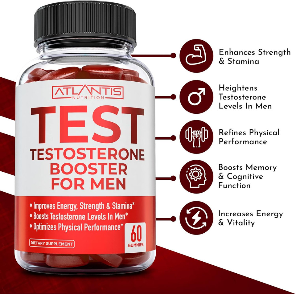 Atlantis Nutrition Testosterone Booster For Men Gummies - Male Enhancement, Boosts Energy, & Optimizes Physical Performance Formulated W/Tribulus, Horny Goat Weed, Saw Palmetto, Maca Root - 60 Gummies