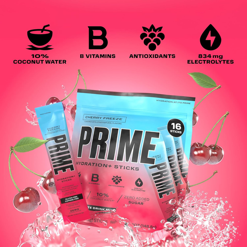 Prime Hydration+ Sticks Blue Raspberry | Hydration Powder Single Serve Sticks | Electrolyte Powder On The Go | 250Mg Bcaas, B Vitamins, Antioxidants | Low Sugar | Caffeine-Free | Vegan | 16 Sticks