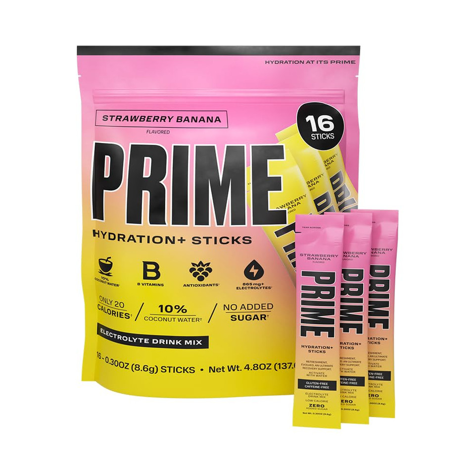 Prime Hydration+ Sticks Strawberry Banana | Hydration Powder Single Serve Sticks | Electrolyte Powder On The Go | Low Sugar | Caffeine-Free | Vegan | 16 Sticks Prime Hydration+ Sticks Strawberry Banana | Hydration Powder Single Serve Sticks | Electrolyte Powder On The Go | Low Sugar | Caffeine-Free | Vegan | 16 Sticks