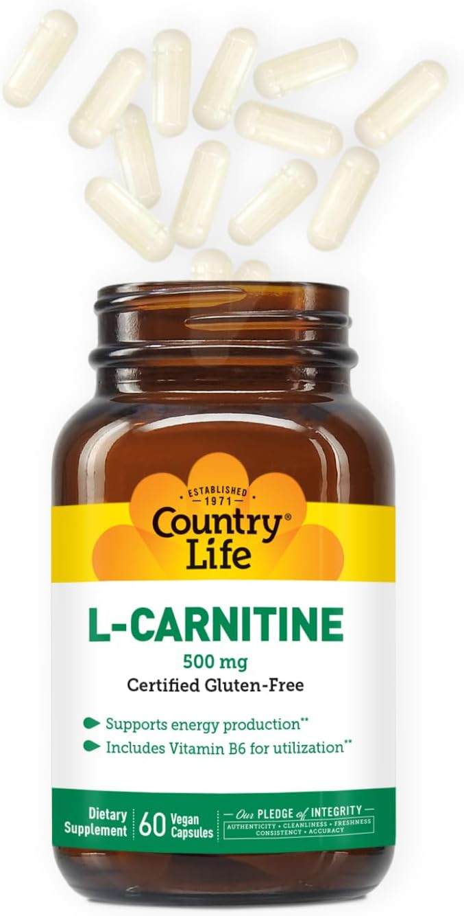 Country Life L-Carnitine 500Mg  60 Vegan Capsules | Supports Energy Production & Fat Metabolism | Includes Vitamin B6 For Utilization | Gluten-Free, Certified Vegan Amino Acid Supplement