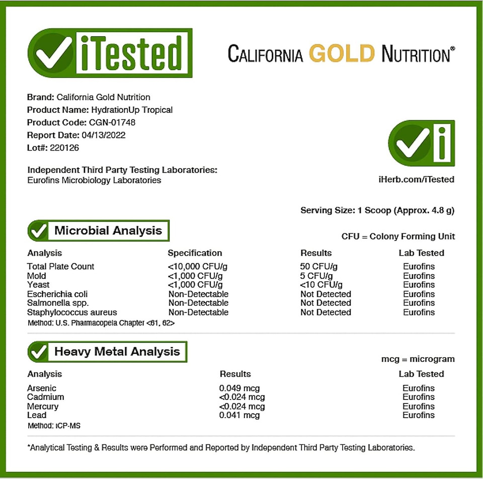 California Gold Nutrition Beverages, Hydrationup®, Electrolyte Mix With Vitamin D, Calcium, Iron And Potassium, Tropical, 8 Oz (227 G)