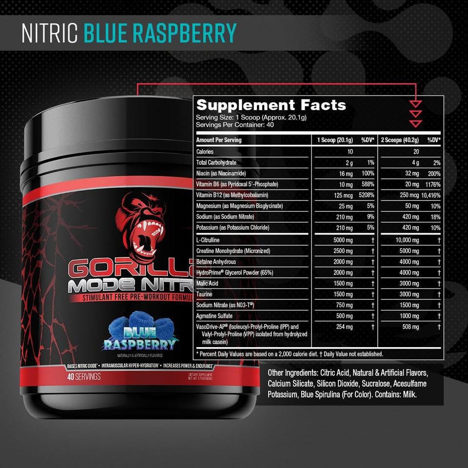 Gorilla Mode Nitric Upgraded Stimulant Free Pre-Workout  Best Tasting And Most Effective Stimulant Free Pre-Workout/Massive Pumps · Vasodilation · Power / 804 Grams (Blue Raspberry)