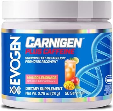 Evogen Carnigen Plus Caffeine - Premium Carnitine Powder | Supports Fat Metabolism & Promotes Recovery | L Carnitine Supplement Matrix With Caffeine & Acetyl L-Carnitine | Mango Lemonade | 50 Servings