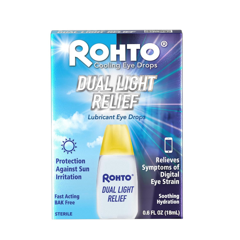 Rohto Dual Light Relief Cooling Lubricant Eye Drops, Protect Against Sun Irritation & Digital Eye Strain, Fast-Acting Relief Of Dry Eyes, Irritation, Grittiness, Burning & Stinging, 0.6 Fl Oz