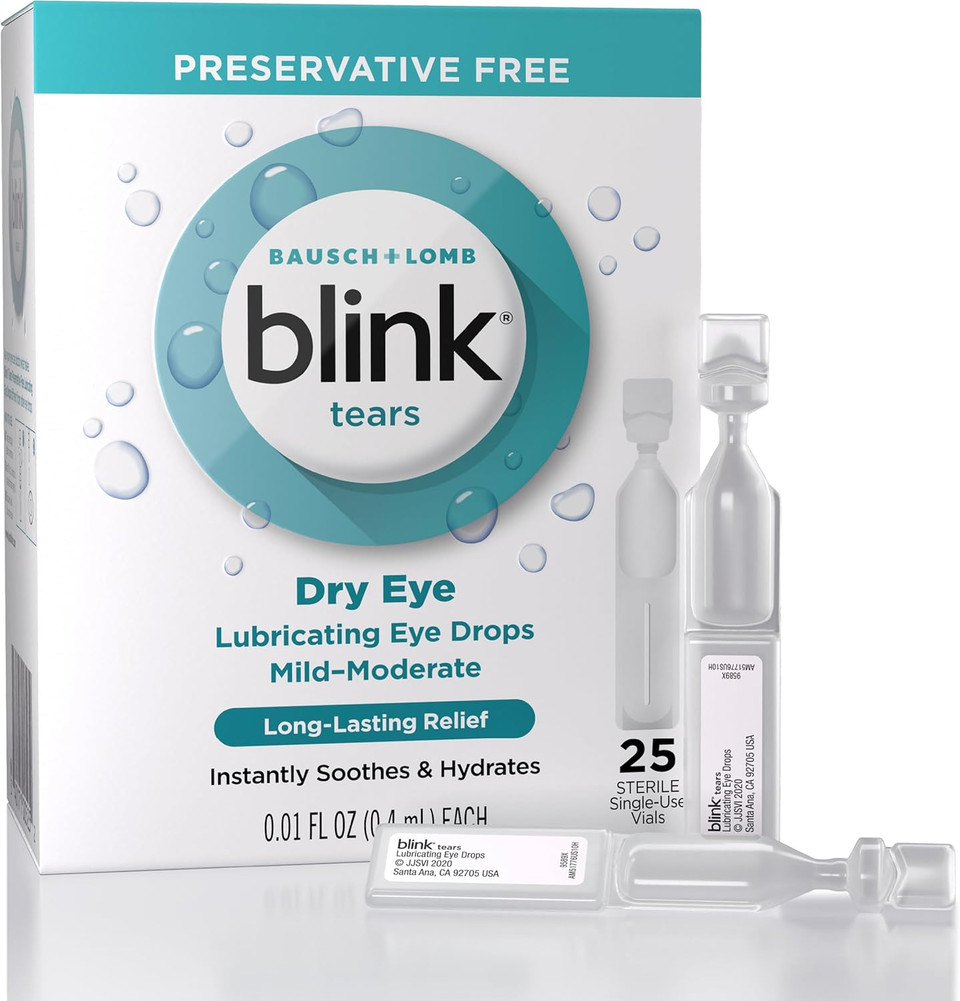 Blink Tears Eye Drops For Dry Eyes, Preservative Free Lubricating Eye Drops, Sterile Single Use Vials, Gentle Eye Care For Mild To Moderate Dry Eye Symptom Relief, 25 Count, 0.01 Fl Oz Vials