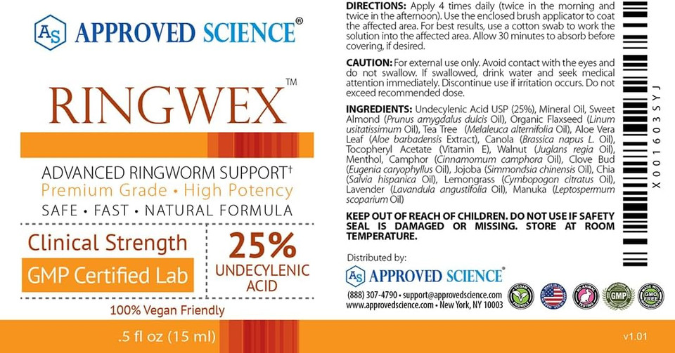 Approved Science® Ringwex - All Natural Ringworm Support With Undecylenic Acid - Uniquely Formulated To Target Deep-Rooted Symptoms - .5 Fl. Oz