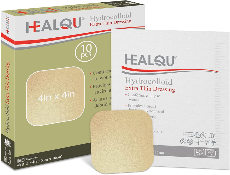 Healqu Hydrocolloid Wound Dressing - 4X4 Thin - Box Of 10 Large Bandages - Sterilized Bordered Hydrocolloid Patches For Bed Sores, Abrasions, And More - Waterproof And Absorbent With Protective