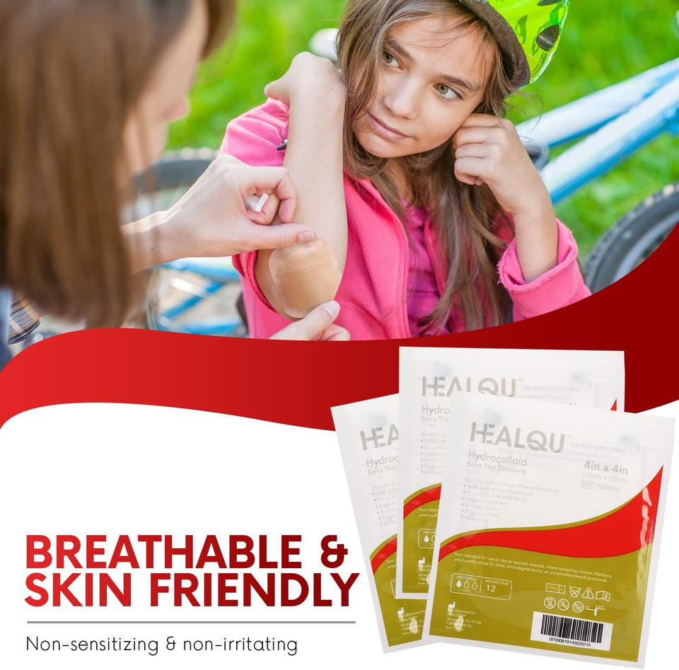 Healqu Hydrocolloid Wound Dressing - 4X4 Thin - Box Of 10 Large Bandages - Sterilized Bordered Hydrocolloid Patches For Bed Sores, Abrasions, And More - Waterproof And Absorbent With Protective