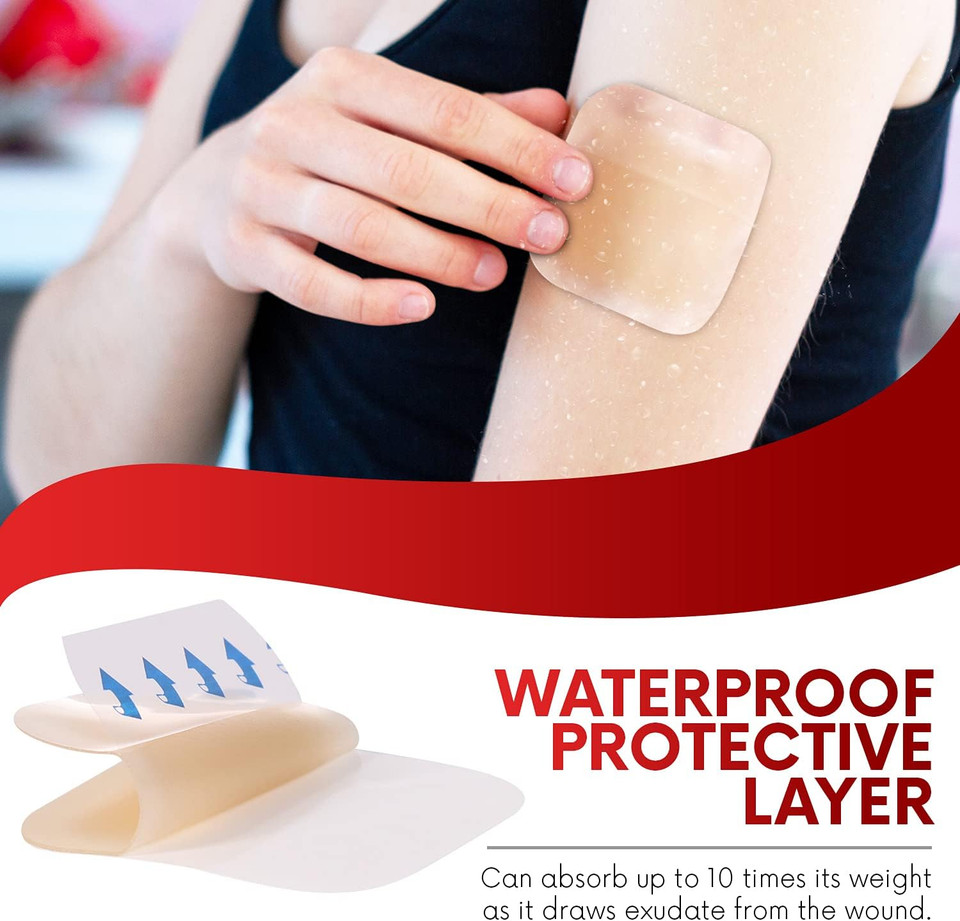 Healqu Hydrocolloid Wound Dressing - 4X4 Thin - Box Of 10 Large Bandages - Sterilized Bordered Hydrocolloid Patches For Bed Sores, Abrasions, And More - Waterproof And Absorbent With Protective