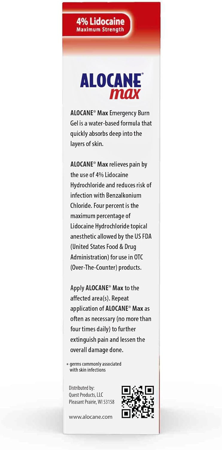 Alocane Max Emergency Burn Gel, 4% Lidocaine Hydrochloride, .13% Benzalkonium Chloride, Maximum Strength Relief, Itch Relief, For Sunburns, Kitchen, Radiation, Chemical, First-Degree Burns, 4 Fl Oz