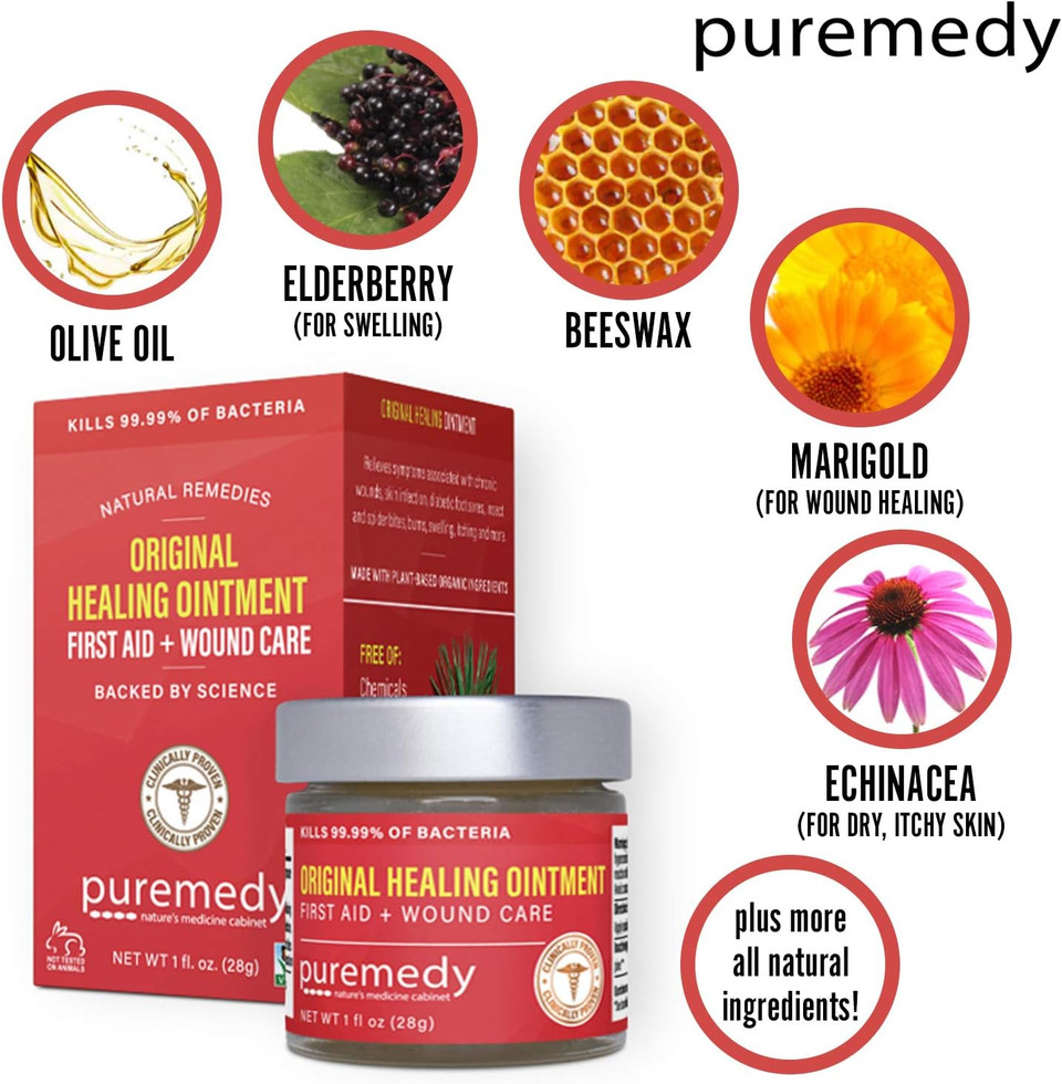Puremedy Original Healing Ointment All Natural First Aid Salve For Wounds, Burns, Cuts, Bug Bites, Bed Sores, Itching, Swelling - Safe For Adults & Kids, Fsa - 1 Oz
