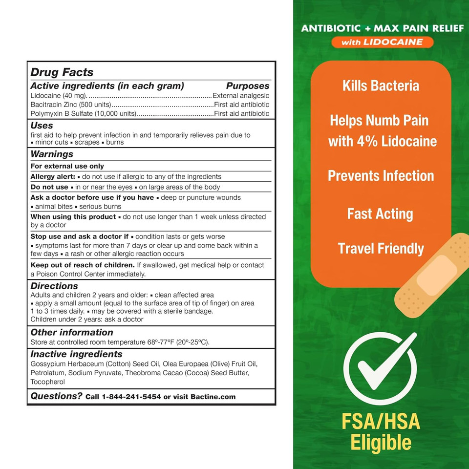 Bactine Max Antibiotic + Pain Relieving Ointment - Antibiotic Ointment With Lidocaine - Pain + Itch Relief For Minor Cuts & Scrapes & Burns - Lidocaine Numbing Cream - 0.5Oz