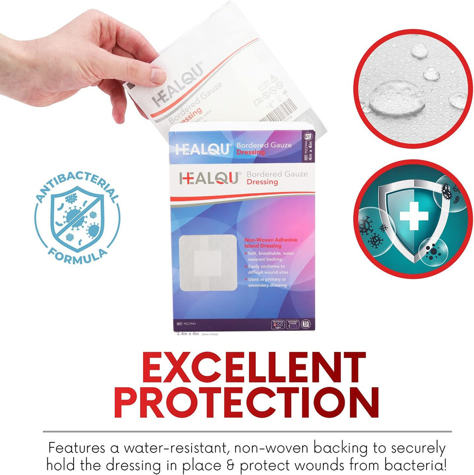Healqu Bordered Gauze Island Dressing - 50 Count, 2.4"X4" Sterile Individually Wrapped Gauze Pads With Water-Resistant, Non-Woven Backing - Soft And Breathable Wound Dressing For First Aid & Medical