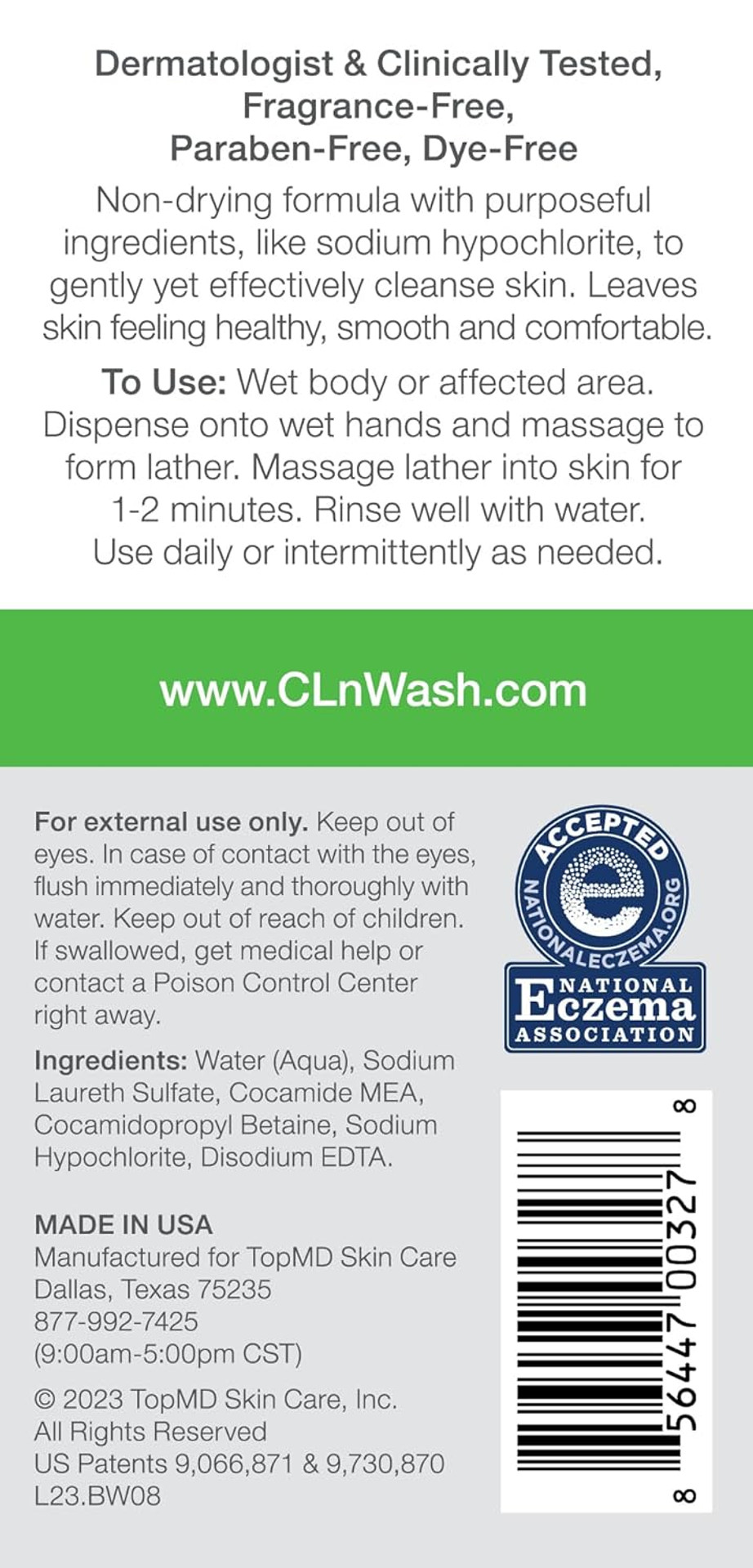 Cln® Bodywash Non-Drying Body Wash Preserved With Sodium Hypochlorite, For Compromised Skin Prone To Eczema, Dermatitis, Rash & Hidradenitis Suppurativa, Fragrance-Free & Paraben-Free, 3 Fl Oz