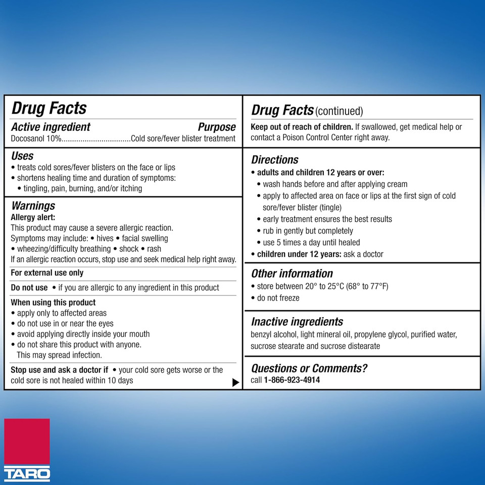 Taro Cold Sore & Fever Blister Treatment - Fast-Acting Docosanol 10% Cream - Cold Sore & Fever Blister Treatment For Lips, Anti-Itch Formula For Effective Relief And Healing - 0.07 Oz (1 Tube)