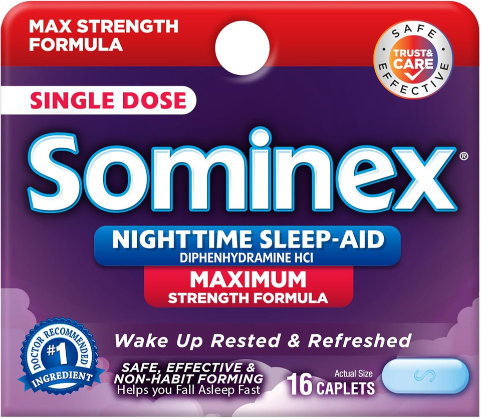 Sominex Nighttime Sleep-Aid Tablets, Maximum Strength Formula, Single Dose, Assorted, 16 Count