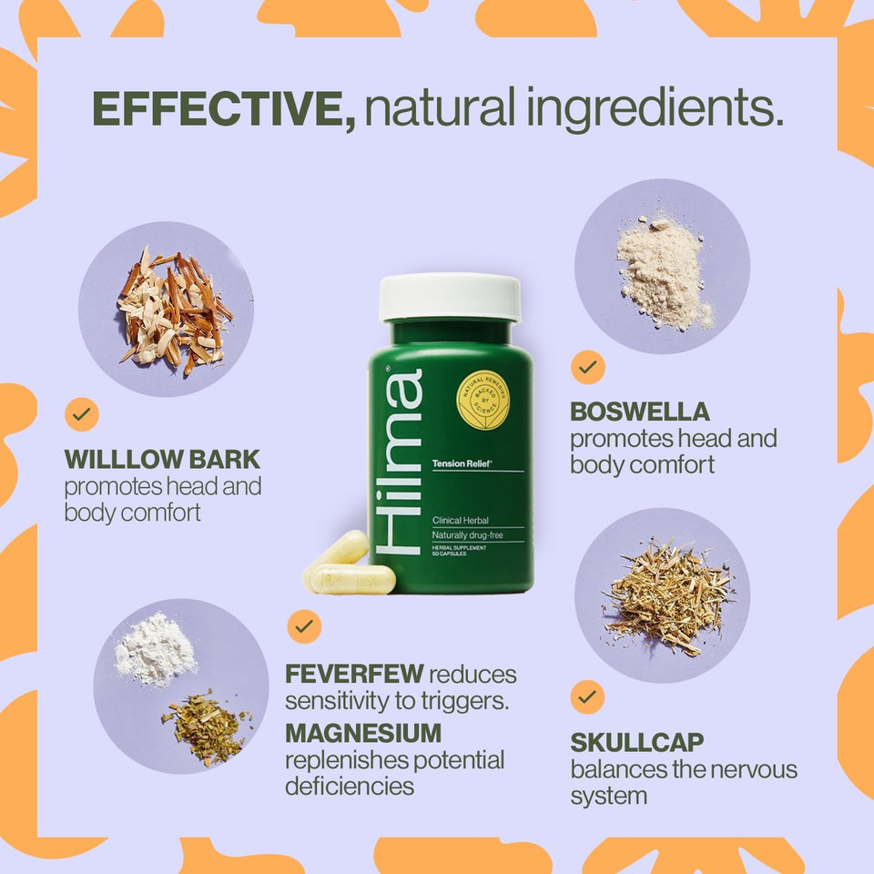 Hilma Natural Tension Headache Relief, Supplements With Magnesium, Boswellia And Feverfew, 50 Vegan Capsules Hilma Natural Tension Headache Relief, Supplements With Magnesium, Boswellia And Feverfew, 50 Vegan Capsules