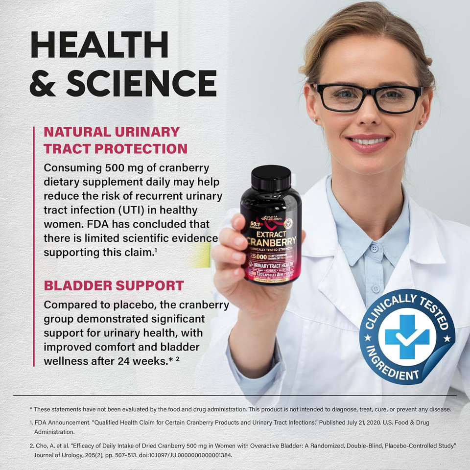 Cranberry Pills For Women 500 Mg - Clinically Tested Strength For Urinary Tract Health Support - Equivalent To 25,000 Mg Of Fresh Cranberry Supplement - Natural & Vegan - Made In Usa - 120 Capsules