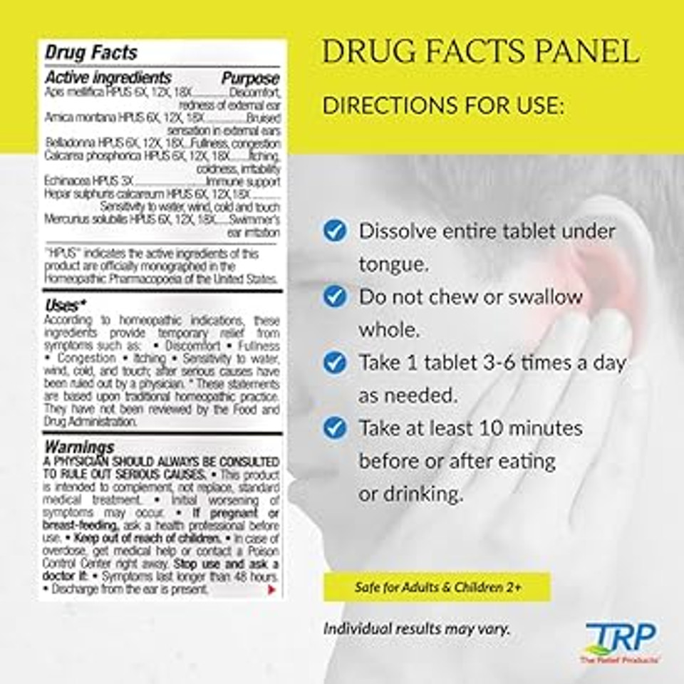 The Relief Products Earache Relief - 100% Natural Active Ingredients - Soothes Discomfort, Itching, Aching, And Sensitivity - Fast Dissolve Tablets - 70Ct