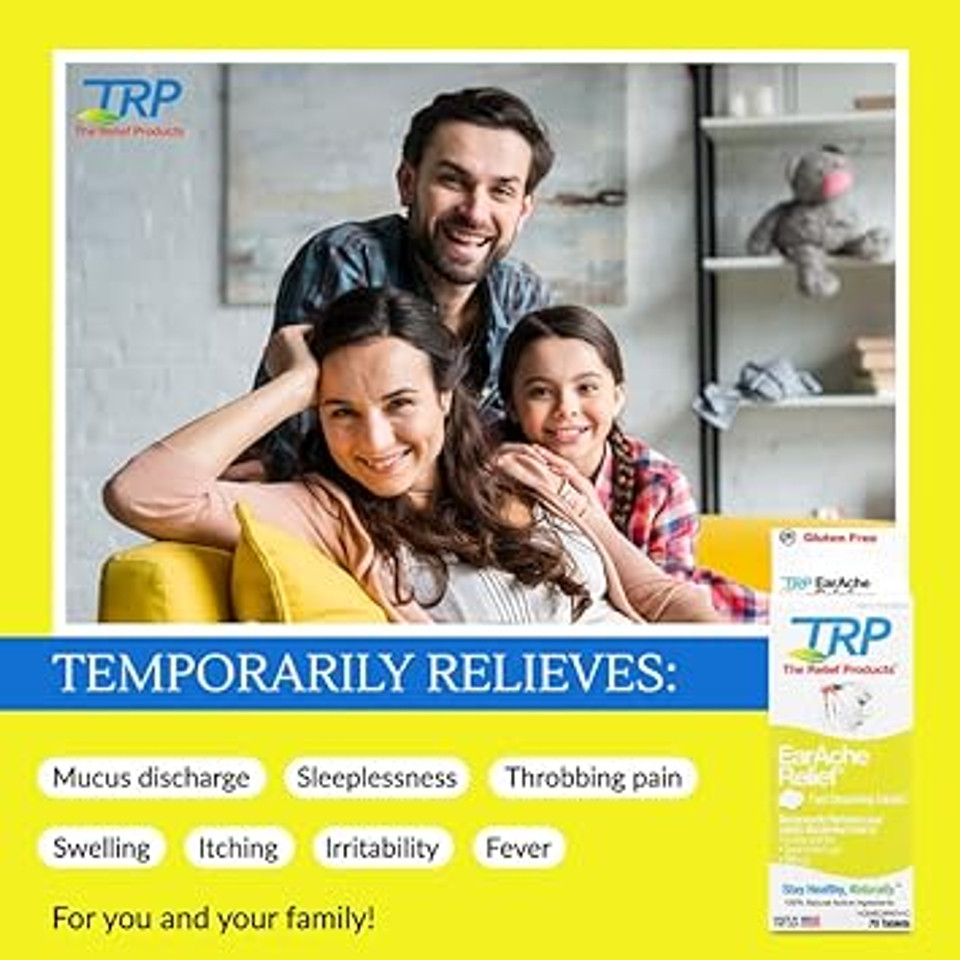 The Relief Products Earache Relief - 100% Natural Active Ingredients - Soothes Discomfort, Itching, Aching, And Sensitivity - Fast Dissolve Tablets - 70Ct