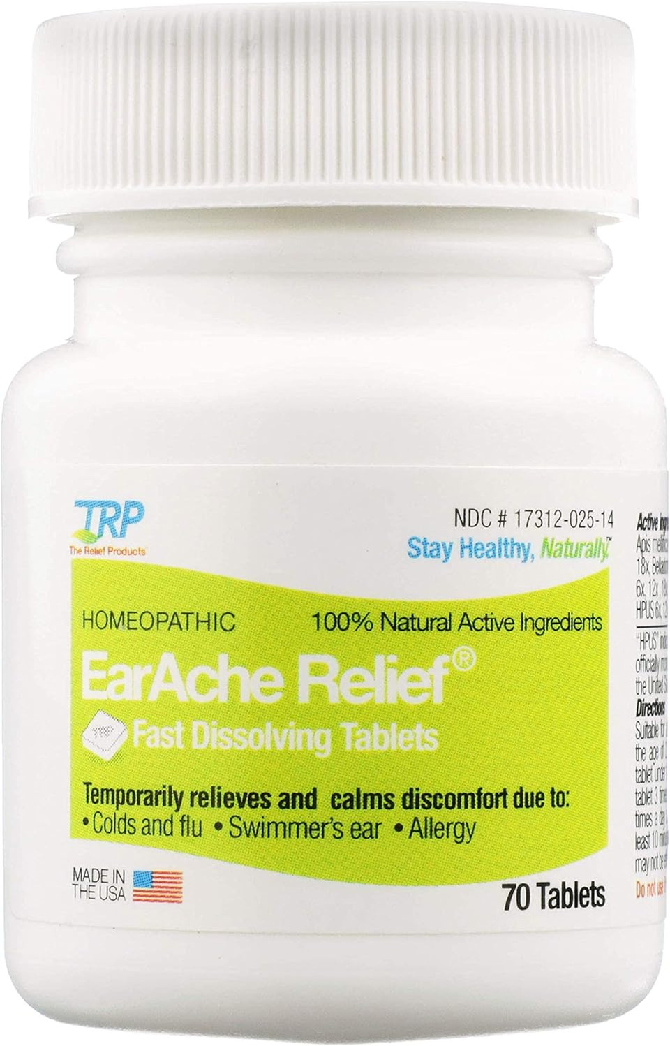 The Relief Products Earache Relief - 100% Natural Active Ingredients - Soothes Discomfort, Itching, Aching, And Sensitivity - Fast Dissolve Tablets - 70Ct