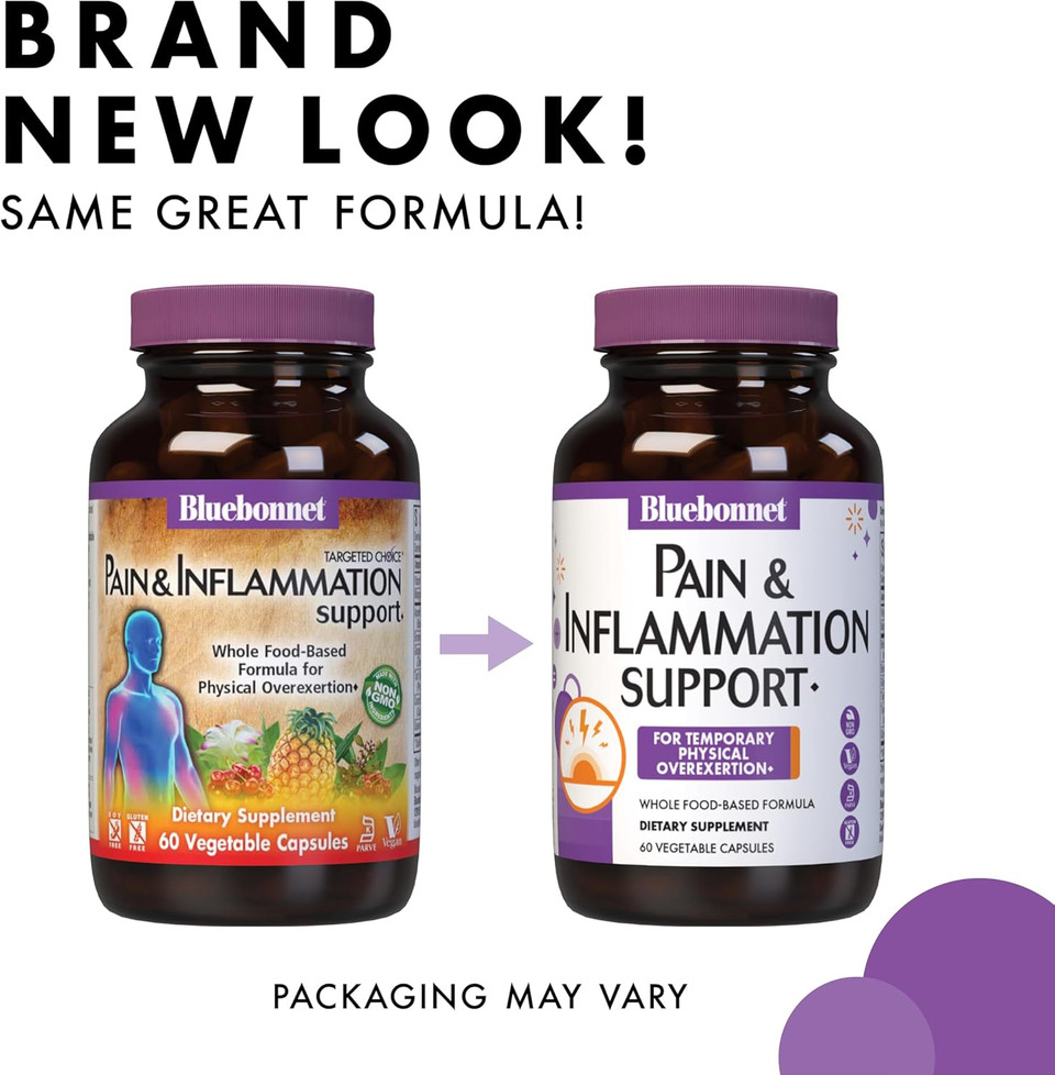 Bluebonnet Nutrition Pain & Inflammation Support, For Temporary Physical Overexertion*, Non-Gmo, Vegan, Kosher Certified, Gluten-Free, Soy-Free, Dairy-Free, 30 Vegetable Capsules, 30 Servings