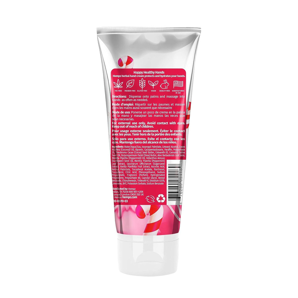 Hempz Limited Edition Candy Cane Lane Hand Cream Lotion (3 Oz)  Mini Holiday Scented Travel Cream Skin Care For Women & Men, Made With Shea Butter For Combatting Dry Hands While Travelling