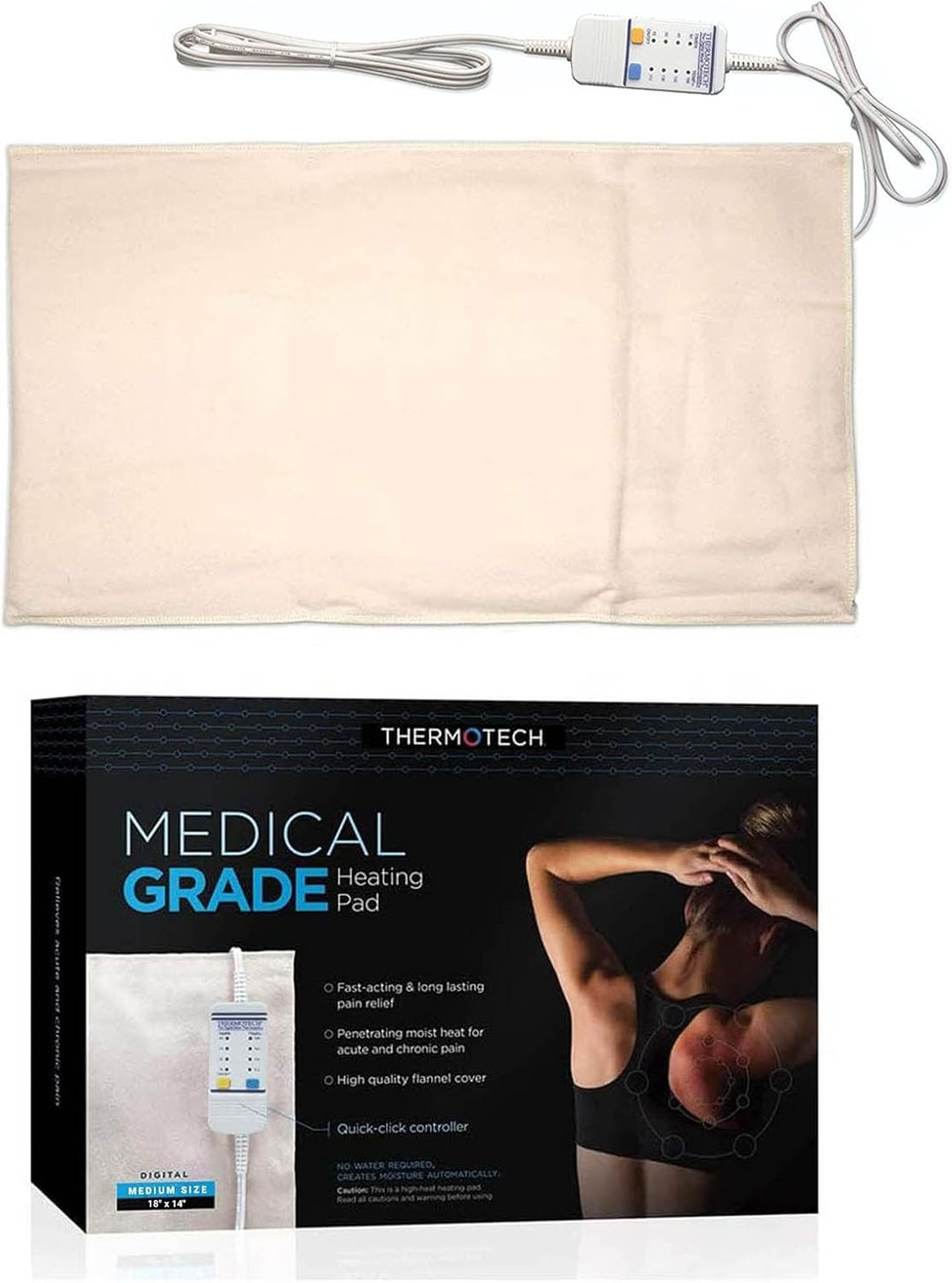 Medical Grade Heating Pad With Automatic Moist Heat By Thermotech, High Heat Heating Pad For Back Pain And Cramps - Medium Digital - 18" By 14"