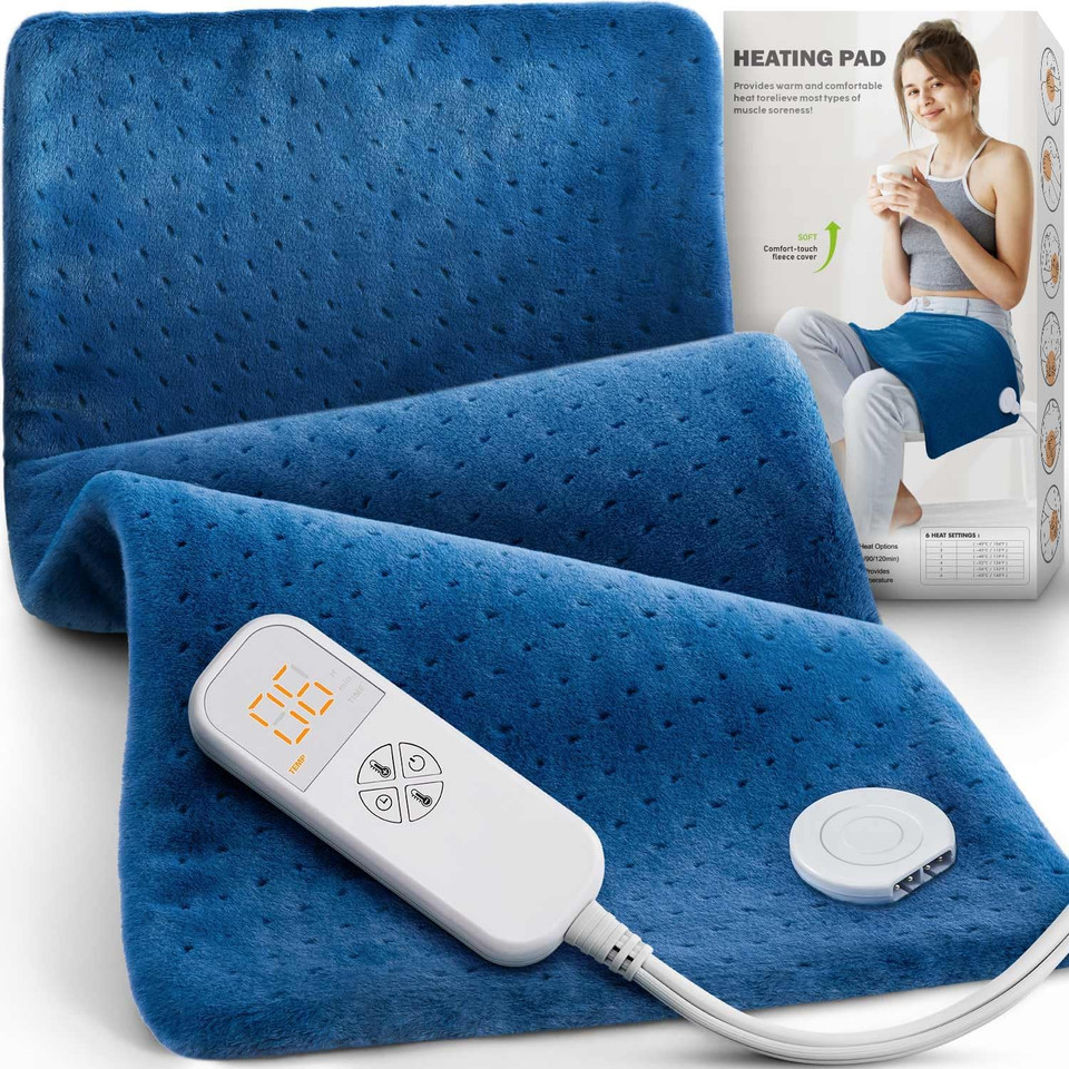 Electric Heating Pad For Back Pain & Cramps - Gifts For Women, Men, Mom, Dad, Christmas, Mothers Day, Fathers Day - Soft Machine Wash Fabric, Auto Shut Off, Moist Heat For Neck, Shoulder, 12"X24" Blue