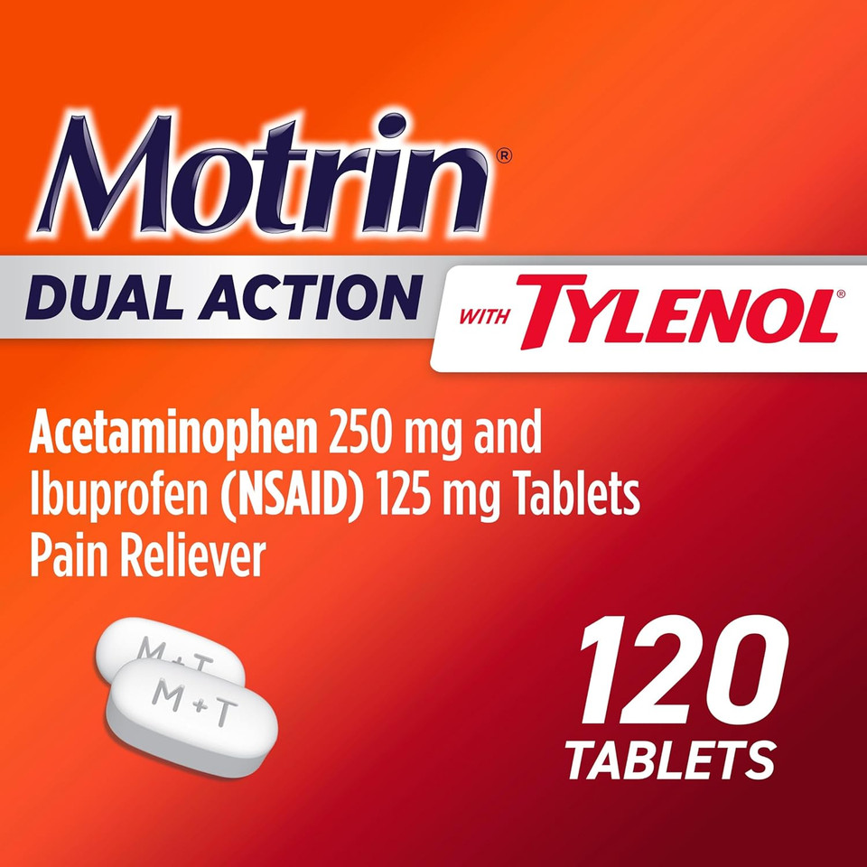 Motrin Dual Action With Tylenol, Fast-Acting Dual Action Pain Reliever With Ibuprofen & Acetaminophen For Minor Aches & Pains, Ibuprofen (Nsaid) 125 Mg & Acetaminophen 250 Mg, 20 Ct