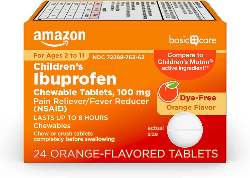 Amazon Basic Care Children'S Ibuprofen Chewable Tablets, Pain Reliever And Fever Reducer, Orange Flavor, Ages 2-11, Lasts Up To 8 Hours, 100 Mg, 24 Count