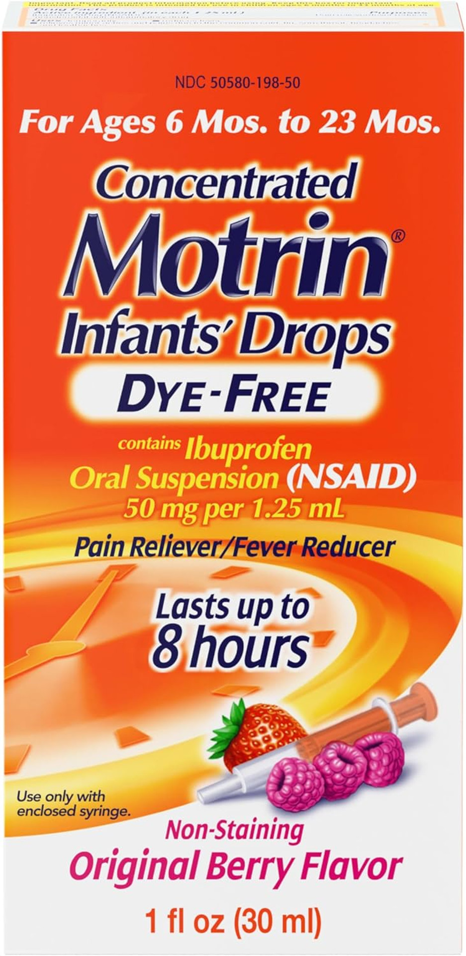Infants' Motrin Oral Suspension Concentrated Liquid Medicine Drops With Ibuprofen, Nsaid Fever Reducer & Pain Reliever For Babies, Dye Free, Alcohol-Free, Berry Flavored, 1 Fl. Oz